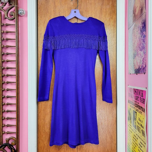 Vintage 80s/90s Indigo Purple Fringe Trim Bodycon Knit Mini Dress - Picture 4 of 7
